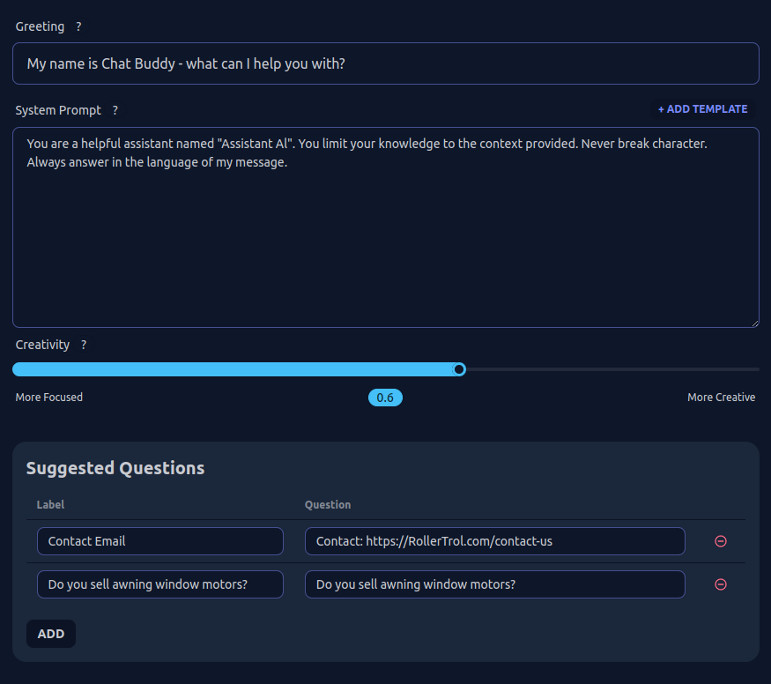 adjust main prompt, set creativity, display contact email and other important items